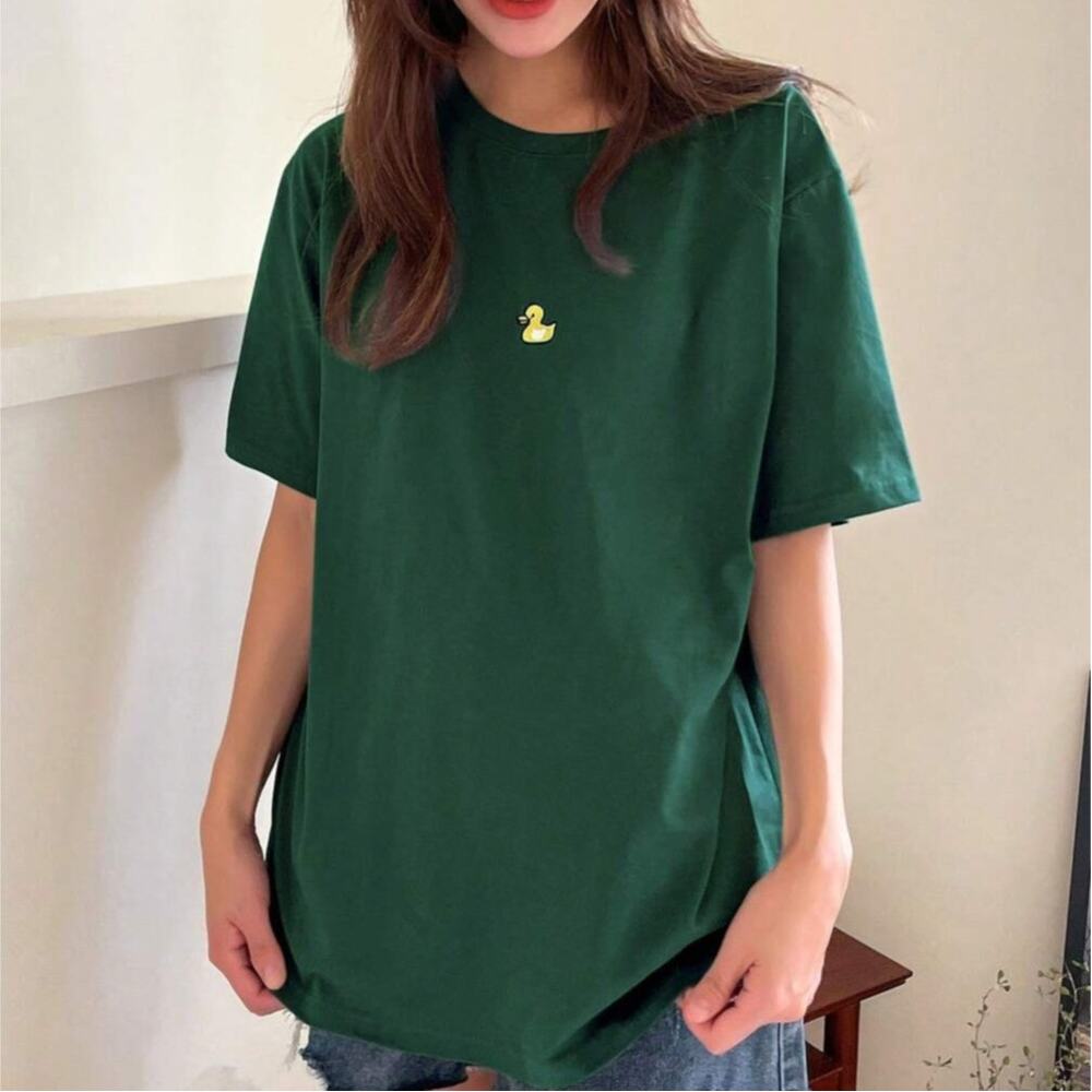 DAZY Duck Embroidery Drop Shoulder Oversized Tee Green Graphic Top Size Small